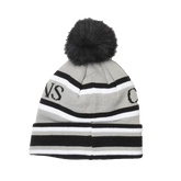 Capital Gains Streetwear Fuzzy Pom Gray & Black Striped Beanie Knit Winter Hat
